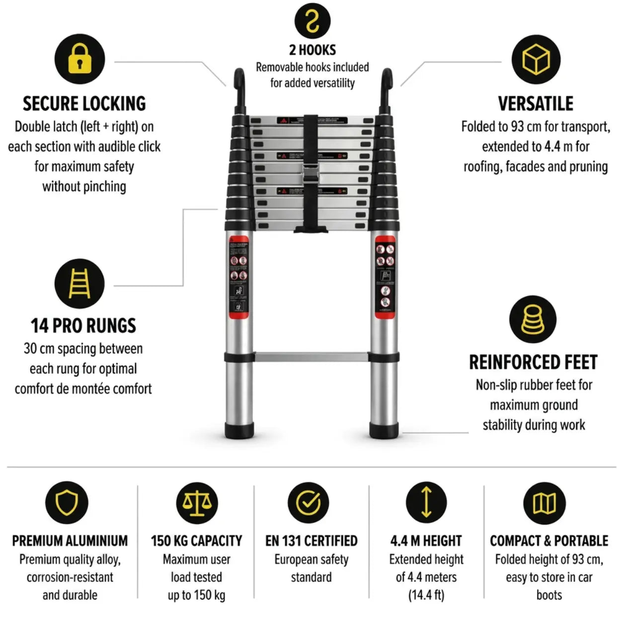 Telescopic Ladder 4,4m with Hook
